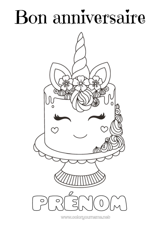 Coloriage à imprimer Gâteau Anniversaire Kawaii Licorne Joyeux anniversaire (français) Message Dragons, licornes et animaux fantastiques