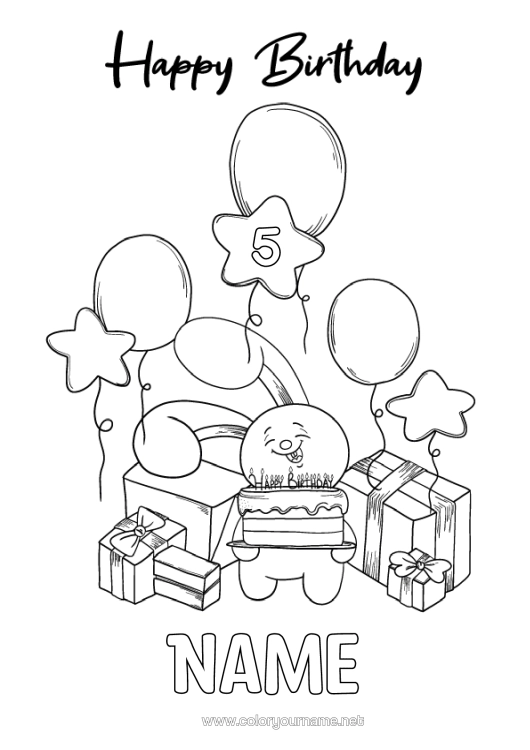 Colouring page to print Gifts Birthday Balloons Party Rabbit Happy Birthday Message Customisable Age Celebrated Forest Animals