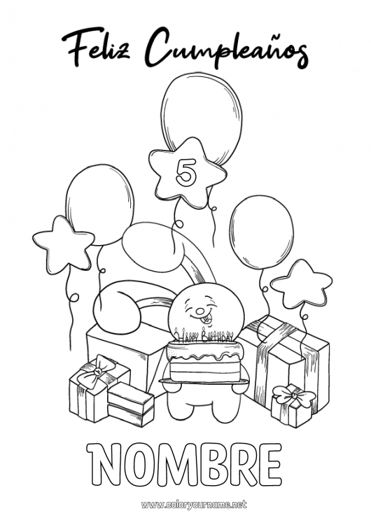 Dibujo para colorear para imprimir Regalos Cumpleaños Globos Fiesta Conejo Mensaje de feliz cumpleaños (inglés) Edad personalizable Animales del bosque