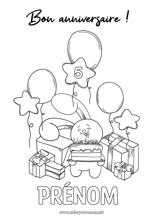 Coloriage à imprimer Cadeaux Anniversaire Ballons Fête Lapin Joyeux anniversaire (français) Message Age fêté personnalisable Animaux de la forêt