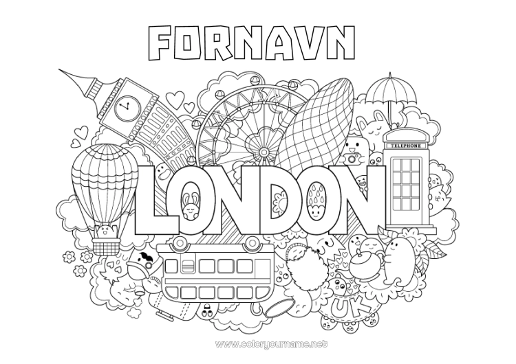 Farvelægningssiden til udskrivning Mandala Kawaii Geografi London Det Forenede Kongerige