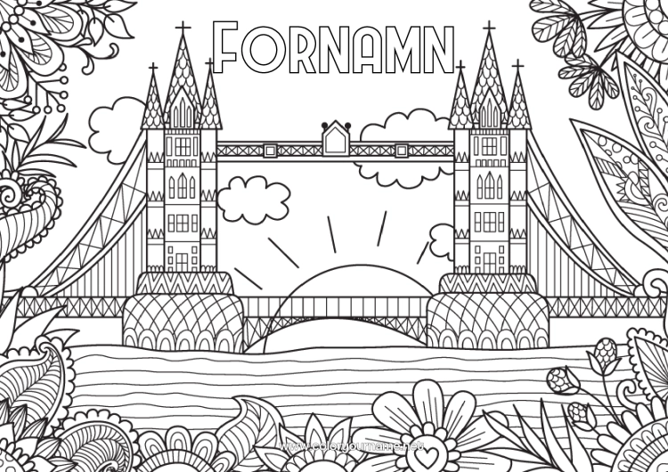 Färgläggningssida att skriva ut Lugn och zen London Storbritannien Komplexa målarbilder Bro