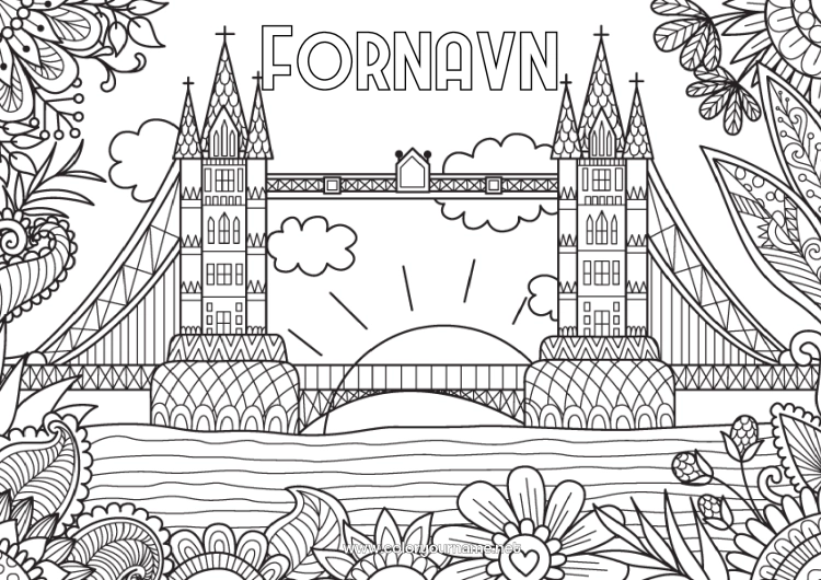 Fargeleggingssiden til utskrift Rolig og zen London Storbritannia Komplekse fargelegginger Bro