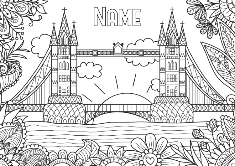 Colouring page to print Calm And Zen London United Kingdom Complex Colouring Pages Bridge Monument Tower Bridge