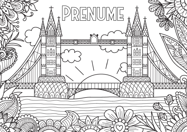 Pagină de colorat de imprimat Liniștit și zen Londra Regatul Unit Desene de colorat complexe Pod