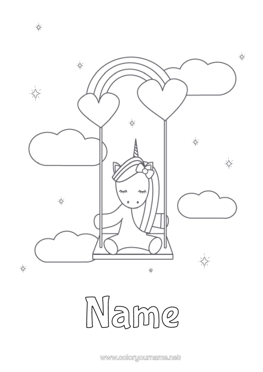 Colouring page to print Heart Unicorn Animal Dragons, Unicorns, And Fantastical Creatures Games And Toys Swing