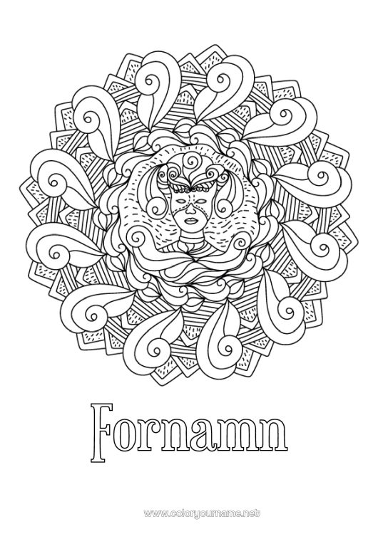 Färgläggningssida att skriva ut Mask Mandala Karneval Fettisdagen