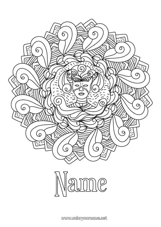 Coloring page to print Mask Mandala Carnival Shrove Tuesday