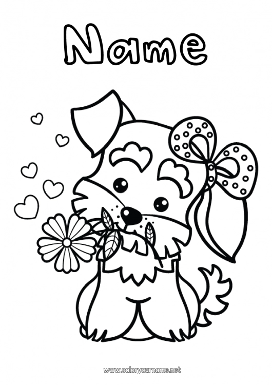 Coloring page to print Cute Flowers Heart Dog Animal Easy coloring pages Dog and cat