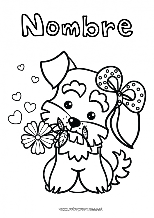 Dibujo para colorear para imprimir Lindo Flores Corazón Perro Animales Dibujos fáciles para colorear Perros y gatos