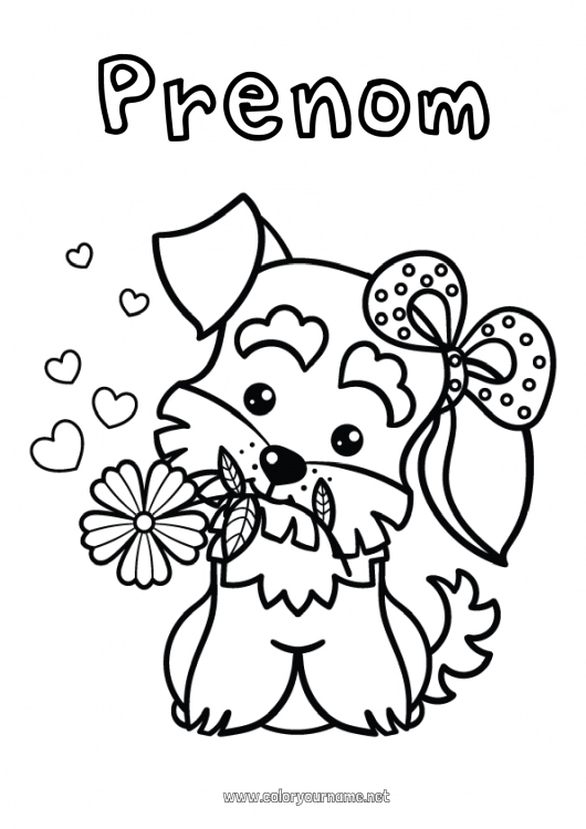 Coloriage à imprimer Mignon Fleurs Coeur Chien Animal Coloriages faciles Chiens et chats