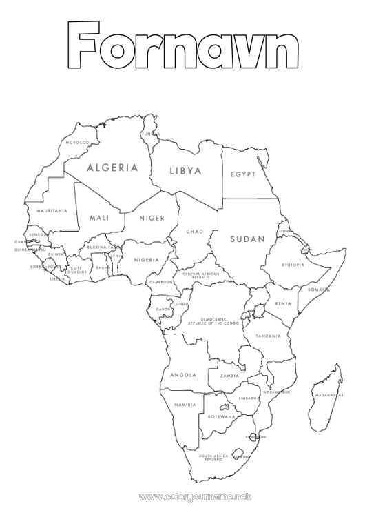 Fargeleggingssiden til utskrift Geografi Egypten Afrika Verdenskart Kontinentkart