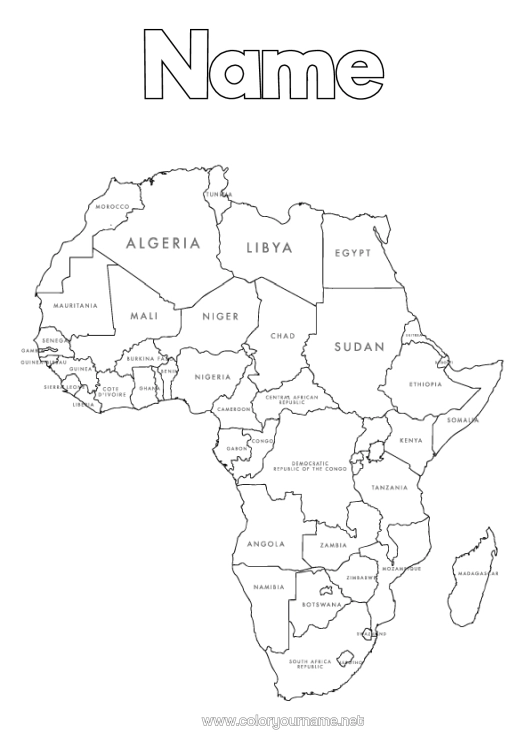 Colouring page to print Geography Egypt Africa World Map Map Of The Continents