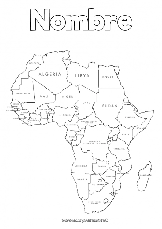 Dibujo para colorear para imprimir Geografía Egipto África Mapa del mundo Mapa de continentes