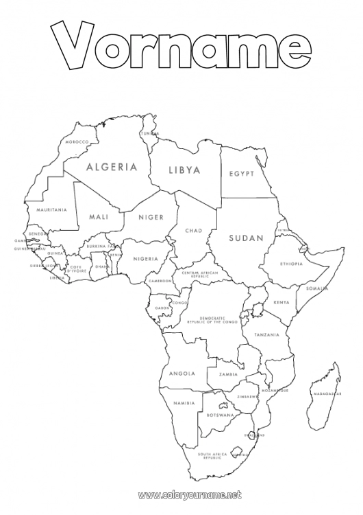 Malvorlage zum Ausdrucken Geografie Ägypten Afrika Weltkarte Kontinentkarte