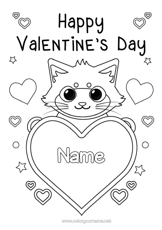Colouring page to print Heart Cat Valentine's Day Big Heart Dogs And Cats