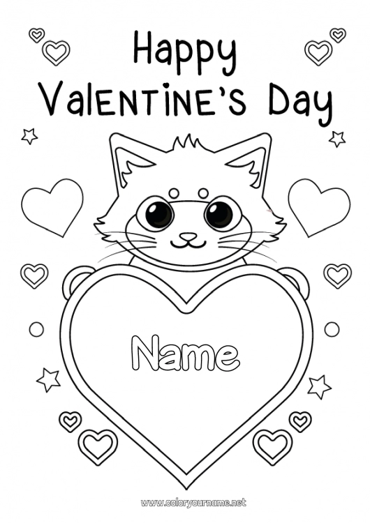 Coloring page to print Heart Cat Valentine's Day Big heart Dog and cat