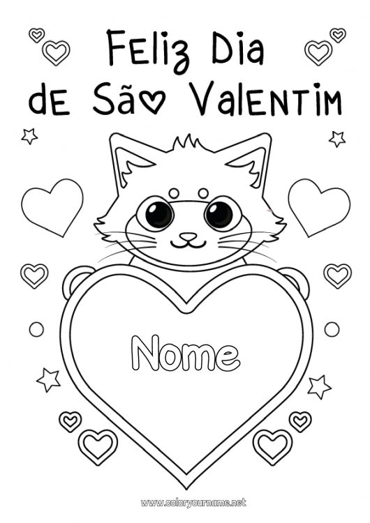 Página de desenho para imprimir Coração Gato Dia dos Namorados Grande coração Cães e gatos