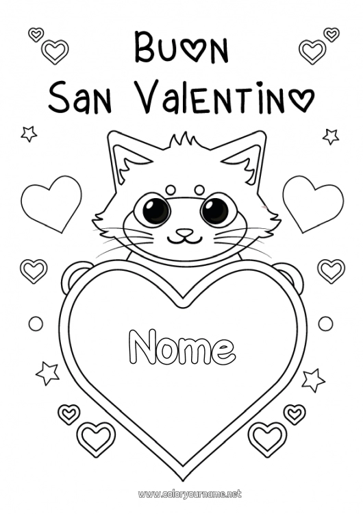 Pagina da colorare da stampare Cuore Gatto San Valentino Grande cuore CanI e gatti