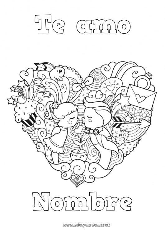 Dibujo para colorear para imprimir Corazón Kawaii Te amo Día de San Valentín Gran corazón