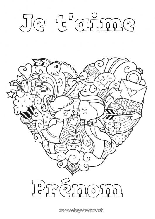 Coloriage à imprimer Coeur Kawaii Je t'aime Saint valentin Grand coeur