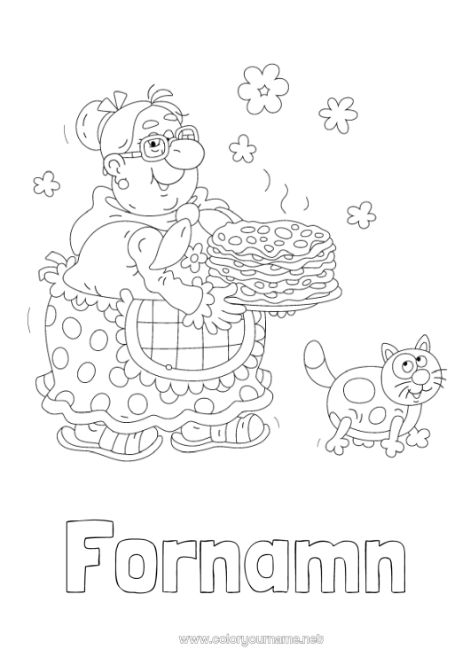 Färgläggningssida att skriva ut Katt Mormor Kyndelsmässan Pannkakor Hundar och katter
