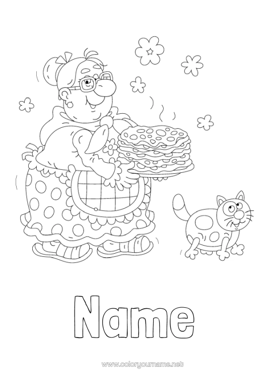 Colouring page to print Cat Grandma Candlemas Pancakes Dogs And Cats