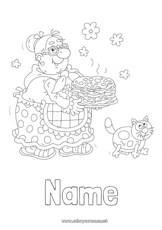 Coloring page to print Cat Grandma Candlemas, Shrove Tuesday, Pancake day Pancakes Dog and cat