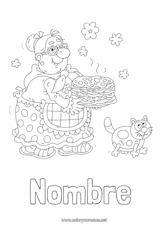 Dibujo para colorear para imprimir Cat Abuela Fiesta de la Candelaria Tortitas Perros y gatos