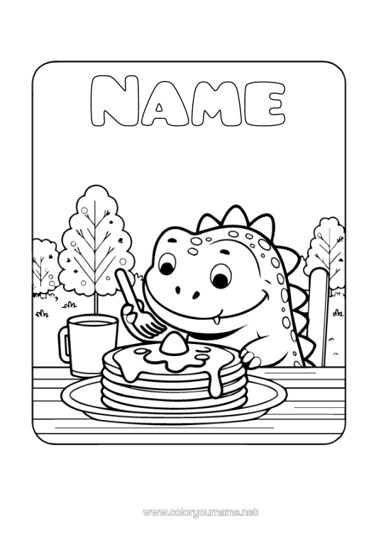 Colouring page to print Monster Cute Dinosaurs Animal Candlemas Pancakes