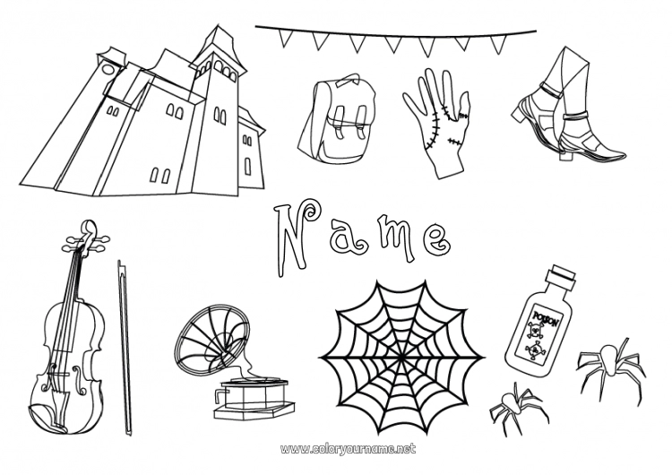 Coloring page to print The Addams Family Musical instruments Violin Animated cartoon Spider web