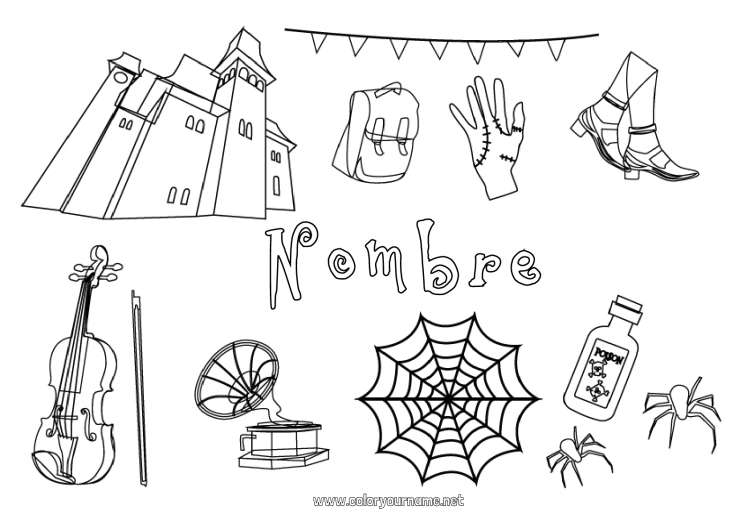 Dibujo para colorear para imprimir The Addams Family Instrumentos de música Violín Dibujo animado Telaraña