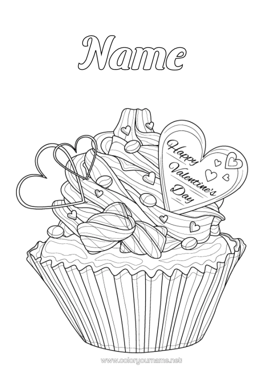 Colouring page to print Sweets Heart Valentine's Day "Saint Valentine's Day" Message Treats, Sweets Fairy Cake Complex Colouring Pages Marshmallows
