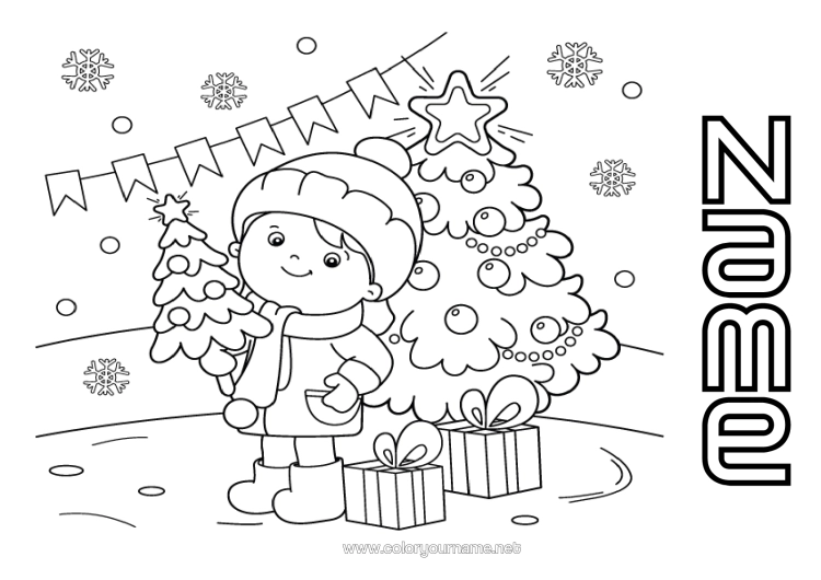 Colouring page to print Snow Winter Christmas Tree Christmas Child