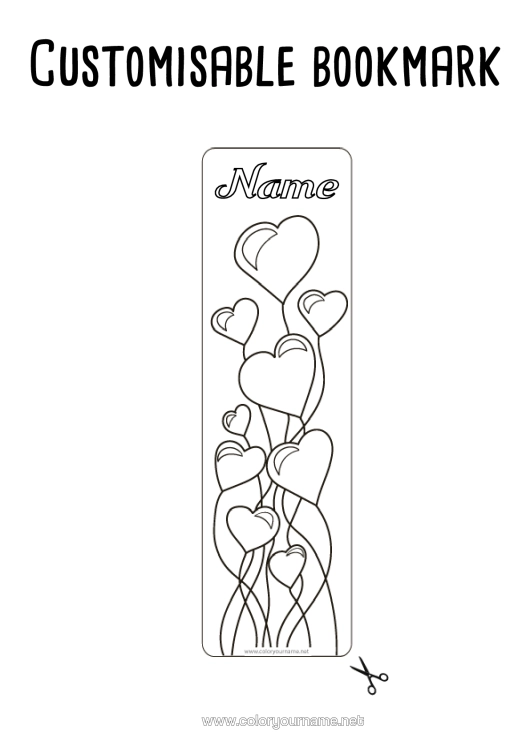 Colouring page to print Heart Happy Birthday Balloons I Love You. Valentine's Day Bookmark
