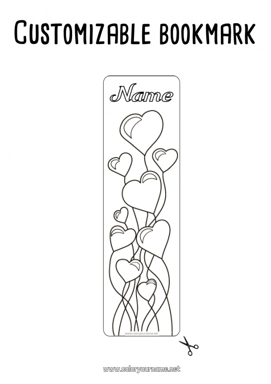 Coloring page to print Heart Happy feast day ! Balloons I love you Valentine's Day Bookmark