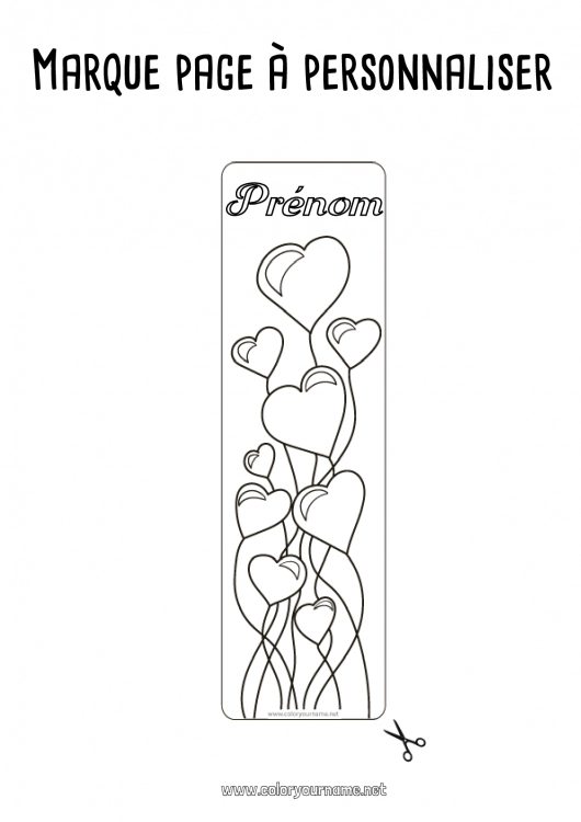 Coloriage à imprimer Coeur Bonne fête Ballons Je t'aime Saint valentin Marque page