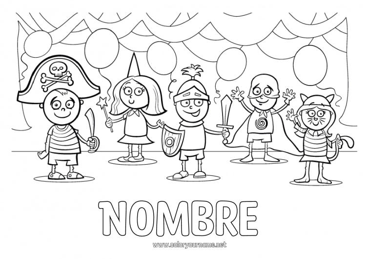 Dibujo para colorear para imprimir Disfraz Globos Fiesta Niño Carnaval