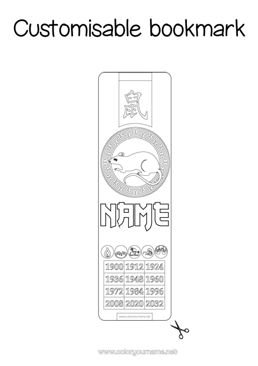 Colouring page to print Chinese New Year Rat Bookmark Forest Animals