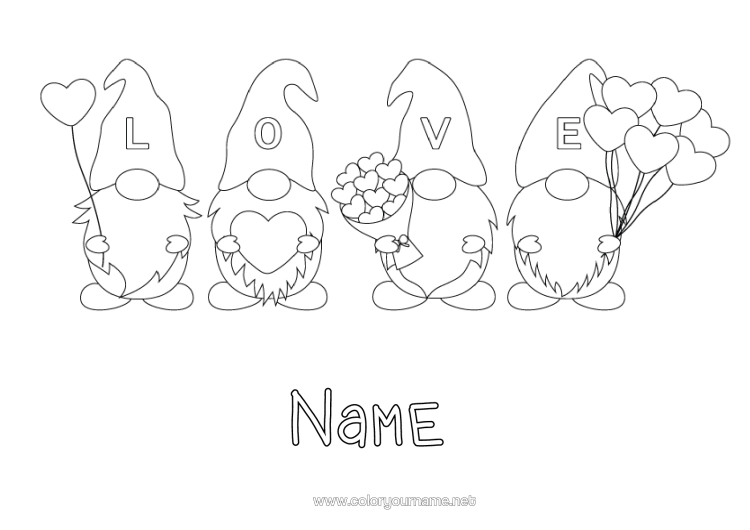 Colouring page to print Heart Balloons Gnome "Love" Message
