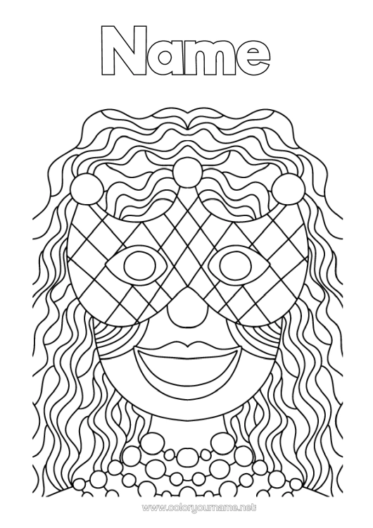 Colouring page to print Disguise Mask Girl Carnival Necklace