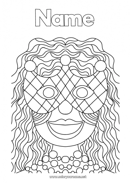 Coloring page to print Fancy dress Mask Girl Carnival Necklace