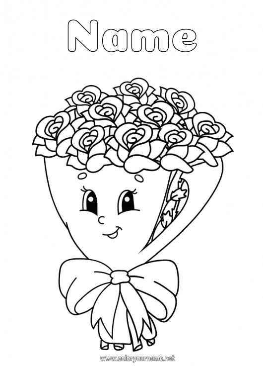 Coloring page to print Flowers Kawaii Rose Bouquet