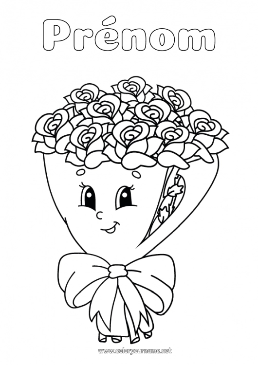 Coloriage à imprimer Fleurs Kawaii Rose Bouquet