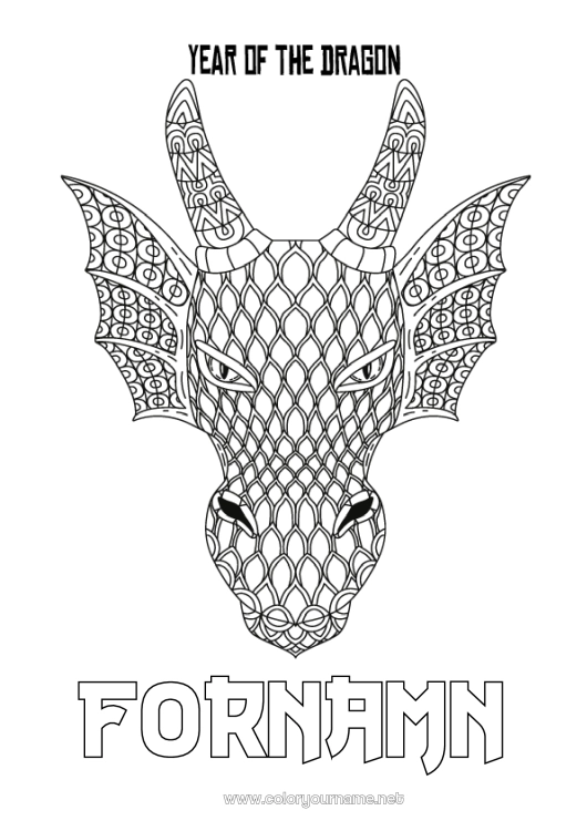 Färgläggningssida att skriva ut Drake Gott nytt år Djur Kinesiskt nyår Zentangle Drakar, enhörningar och fantastiska djur