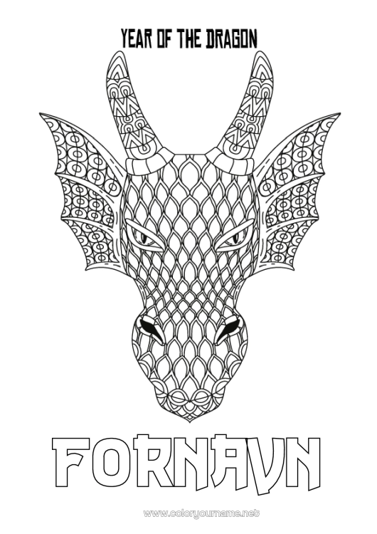 Farvelægningssiden til udskrivning Drage Godt nytår Dyr Kinesisk nytår Zentangle Drager, enhornede heste og fantastiske dyr
