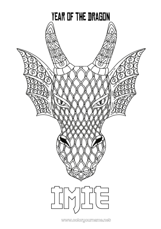 Kolorowanka do wydruku Smok Szczęśliwego Nowego Roku! Zwierzę Chiński Nowy Rok Zentangle Smoki, jednorożce i fantastyczne zwierzęta