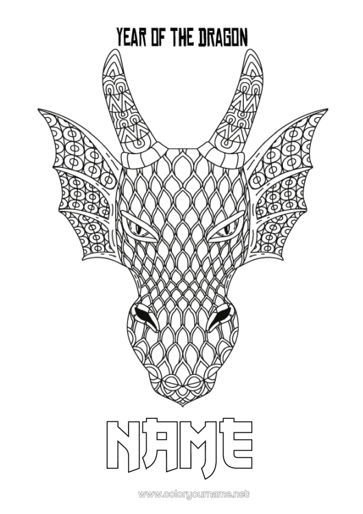 Colouring page to print Dragon Happy New Year Animal Chinese New Year Zentangle Dragons, Unicorns, And Fantastical Creatures