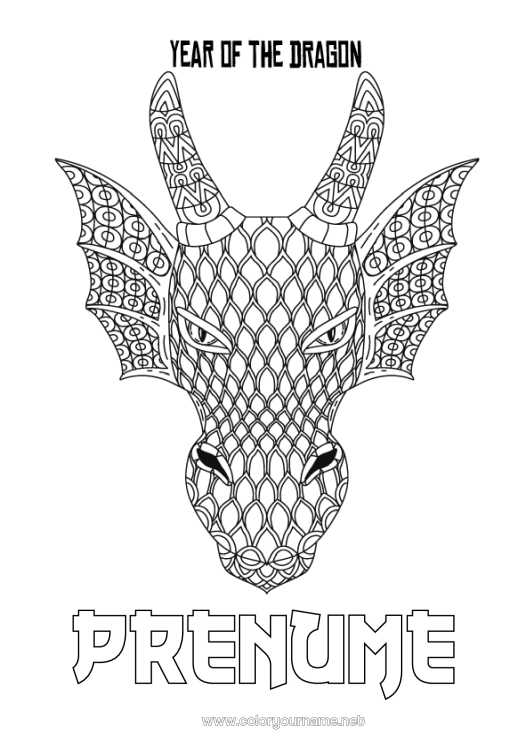 Pagină de colorat de imprimat Dragon La mulți ani! Animal Anul Nou Chinezesc Zentangle Dragoni, unicorni și animale fantastice