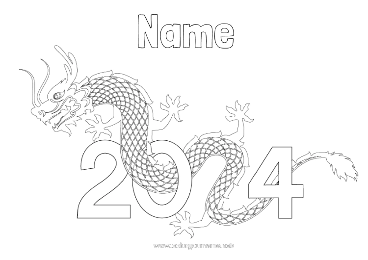 Colouring page to print Dragon Happy New Year Chinese New Year Dragons, Unicorns, And Fantastical Creatures 2024